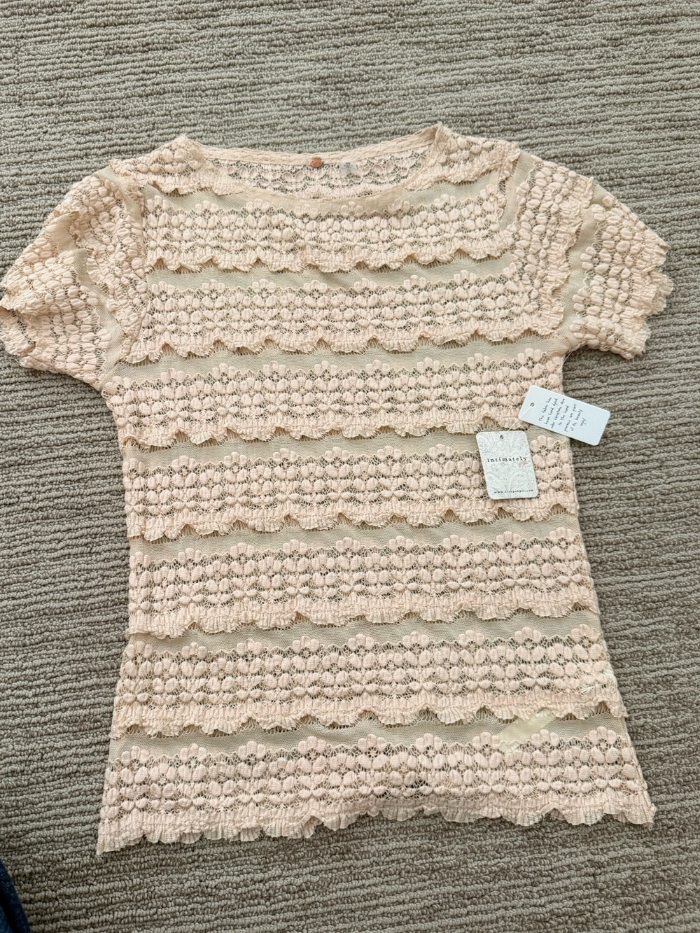 FP Pale Peach Crochet Lace Short Sleeve Top
